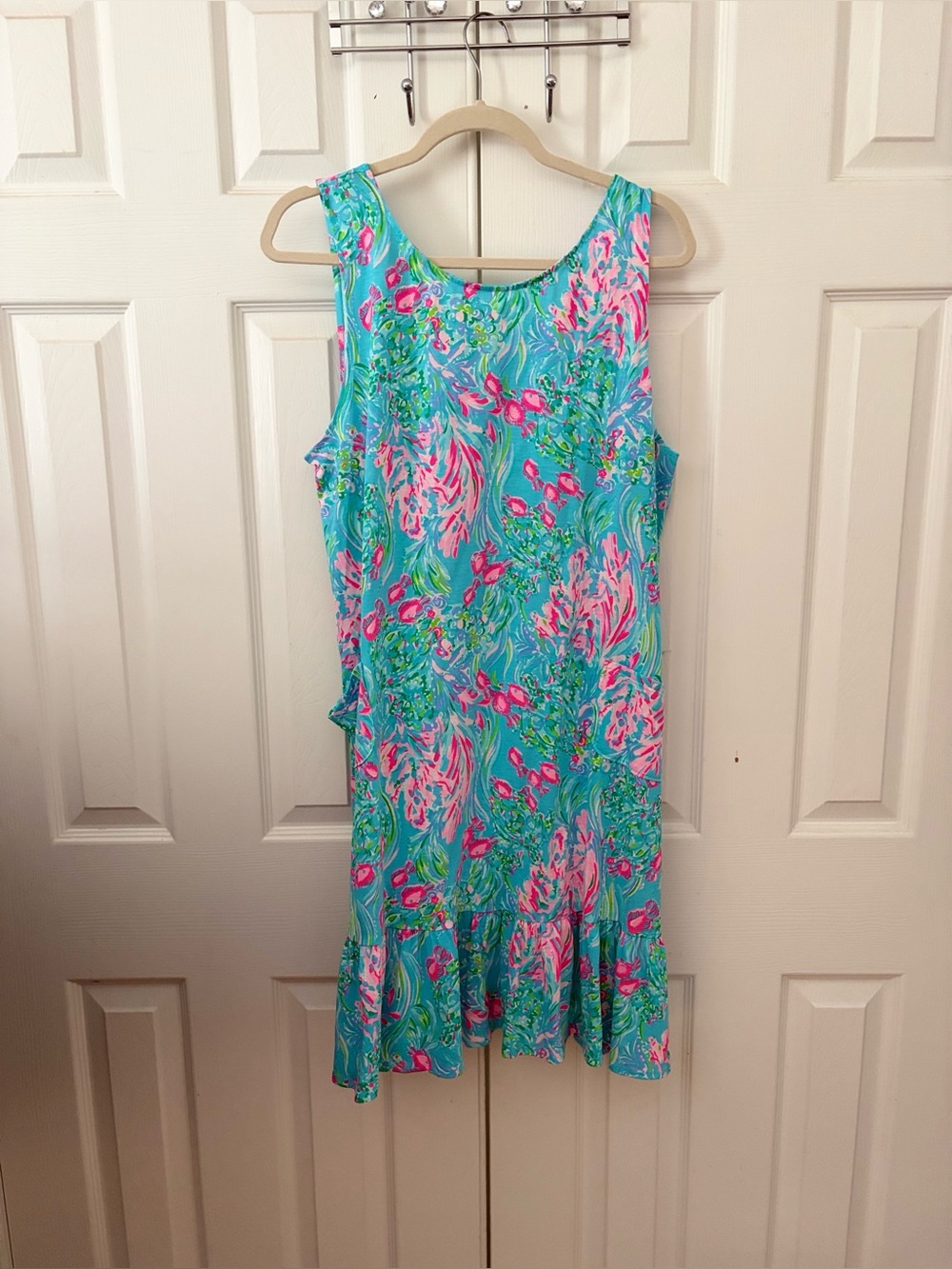 Lilly Pulitzer Turquoise Pink Floral Ruffle-Hem Mini Dress
